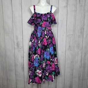 Vintage 1980s Derek Michael Off-Shoulder Floral Dress w/ Matching Belt & Pockets